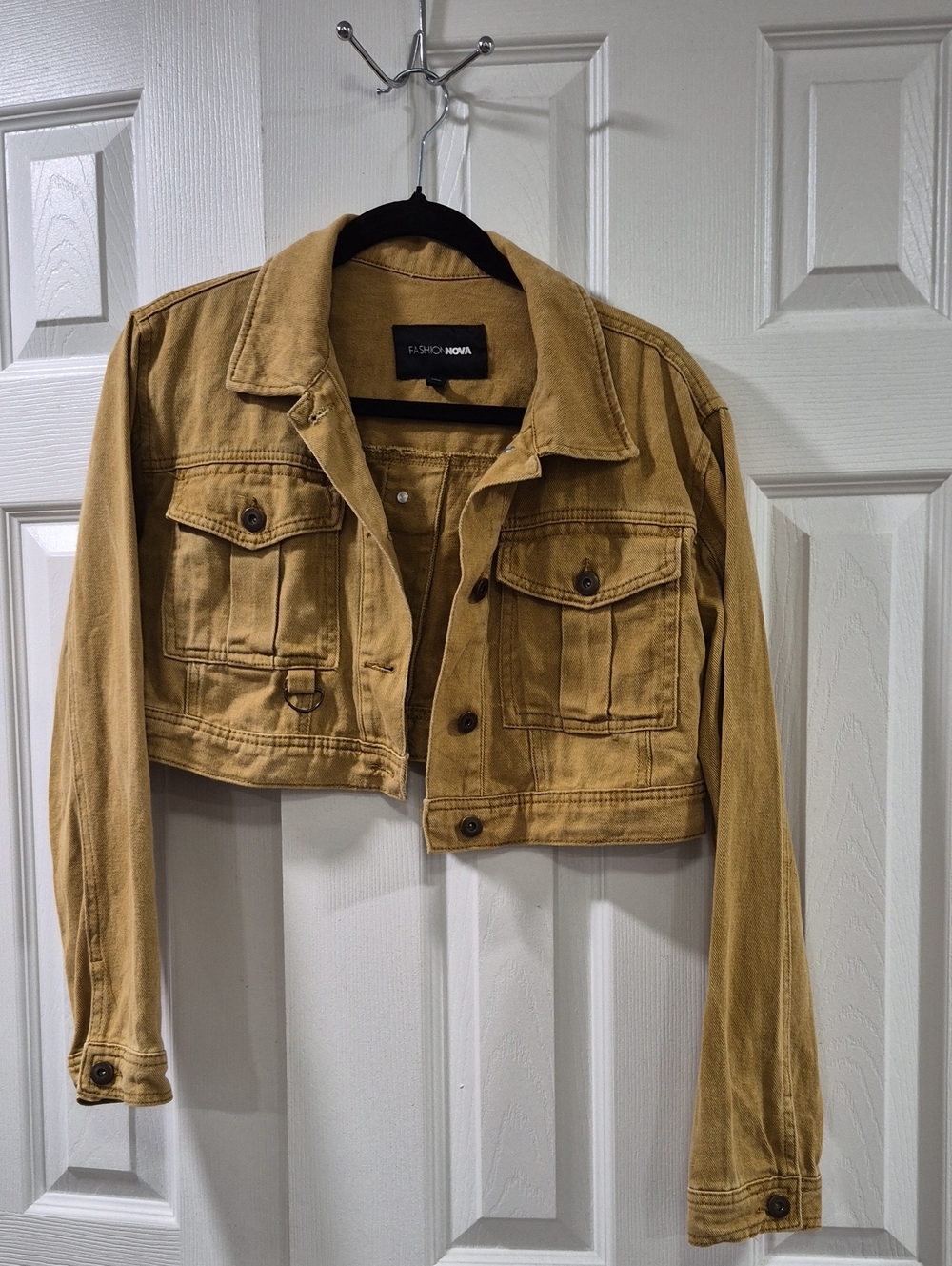 Fashion Nova Cropped Gold Denim Trucker Jacket